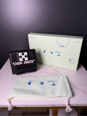 Off-White Black Leather Wallet with White Arrow and Pink 'Cash Inside' Text
